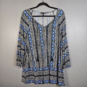 Express‎ Womens Small Long Sleeve Boho Print Tunic Dress Black Blue White
